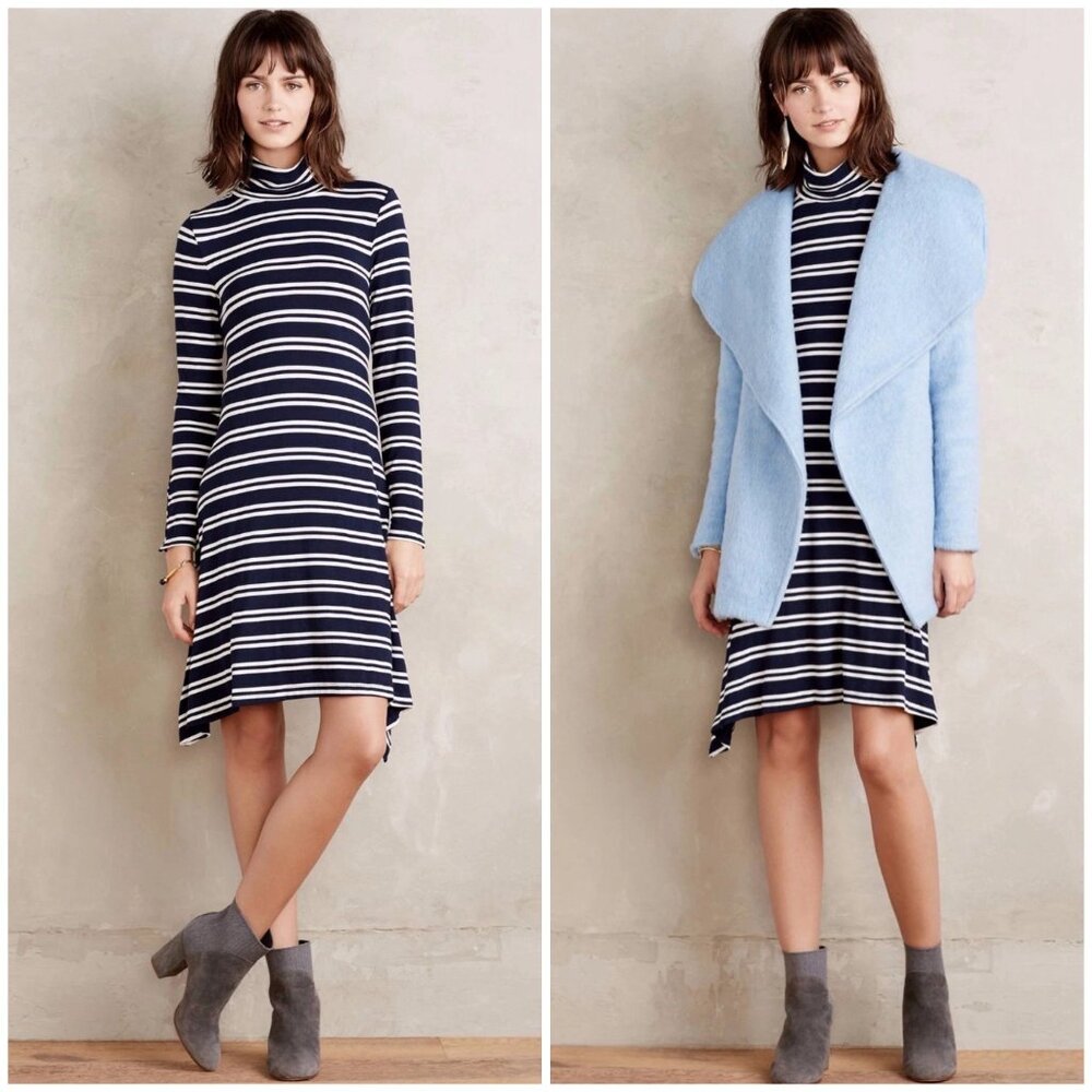 Anthropologie Maeve Striped Navy & White Long-Sleeve‎ Turtleneck Midi Dress Size